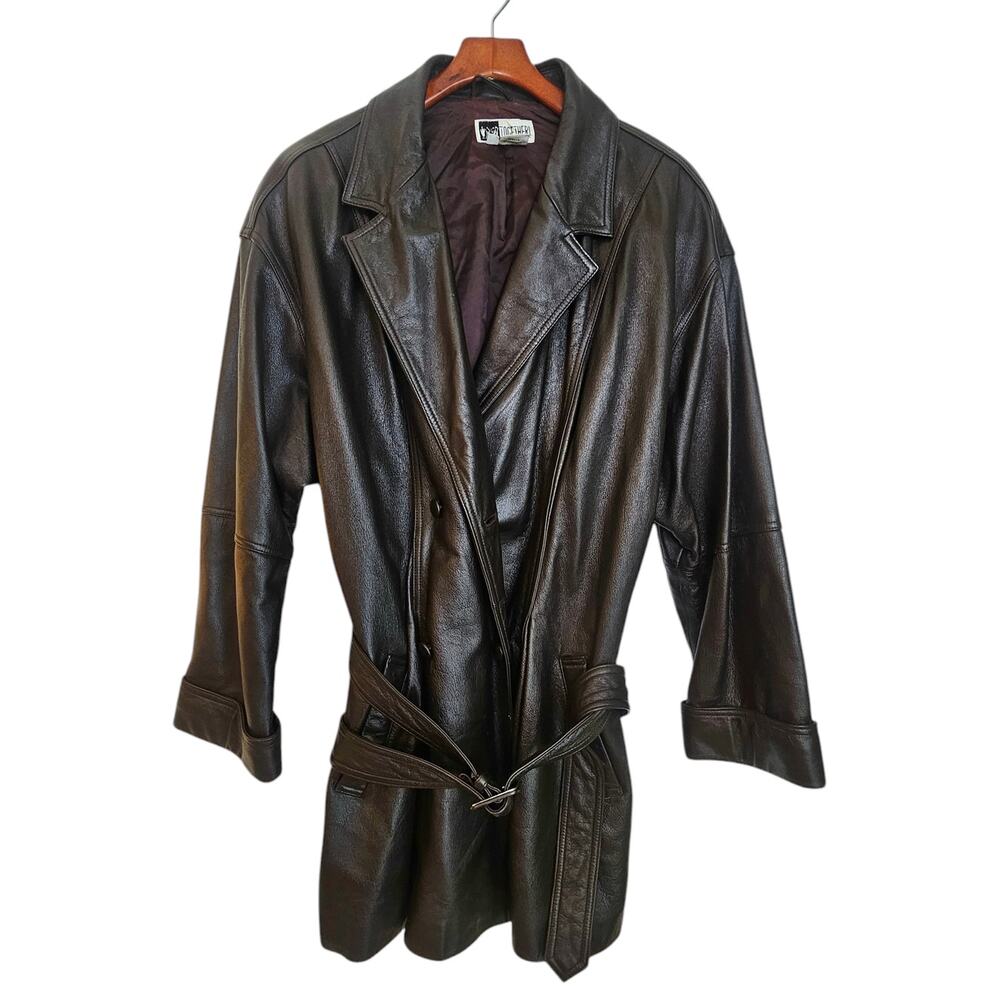Together! Vintage Dark Brown Leather Double Breasted Trench Coat with Belt